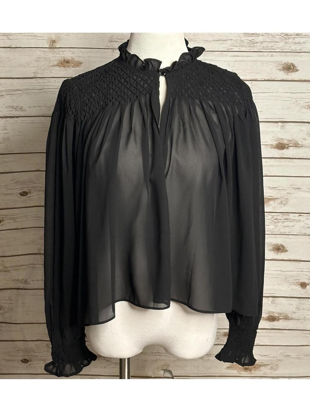 Tuckernuck black smocked sheer chiffon ruffle neck long sleeve poet blouse Small